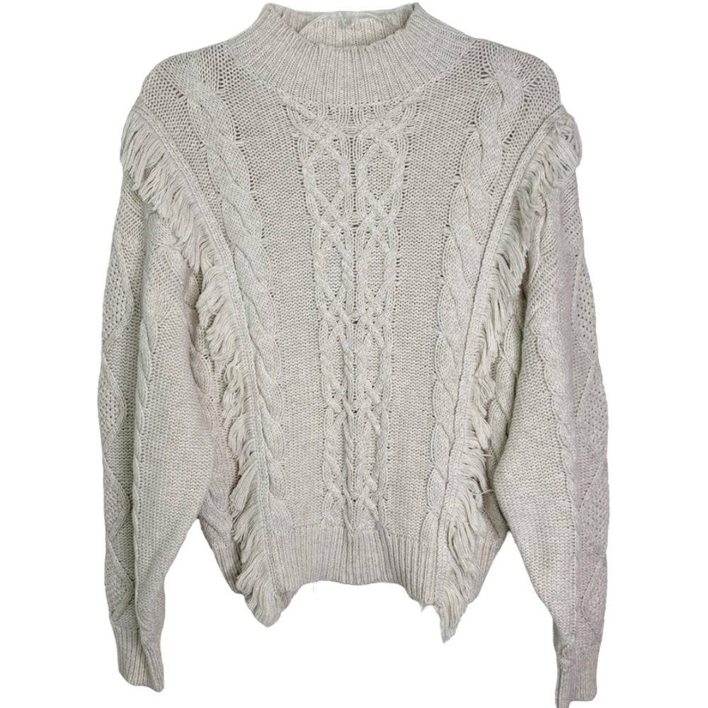 NWT Leith Cable Knit Fringe Mock Neck Sweater in Oatmeal Women’s Size XS